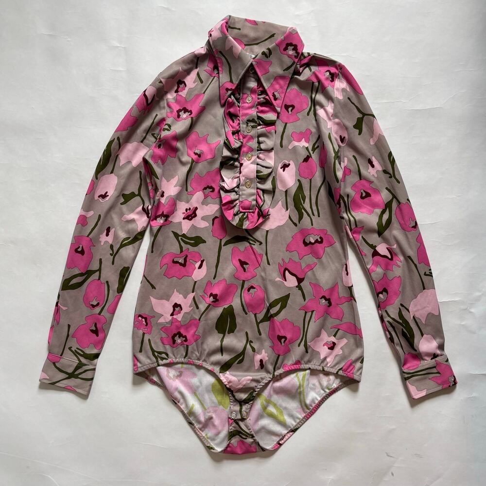 Vintage 70s S Floral Long Sleeve Ruffle Blouse Bodysuit Bloomcore Leotard Dance